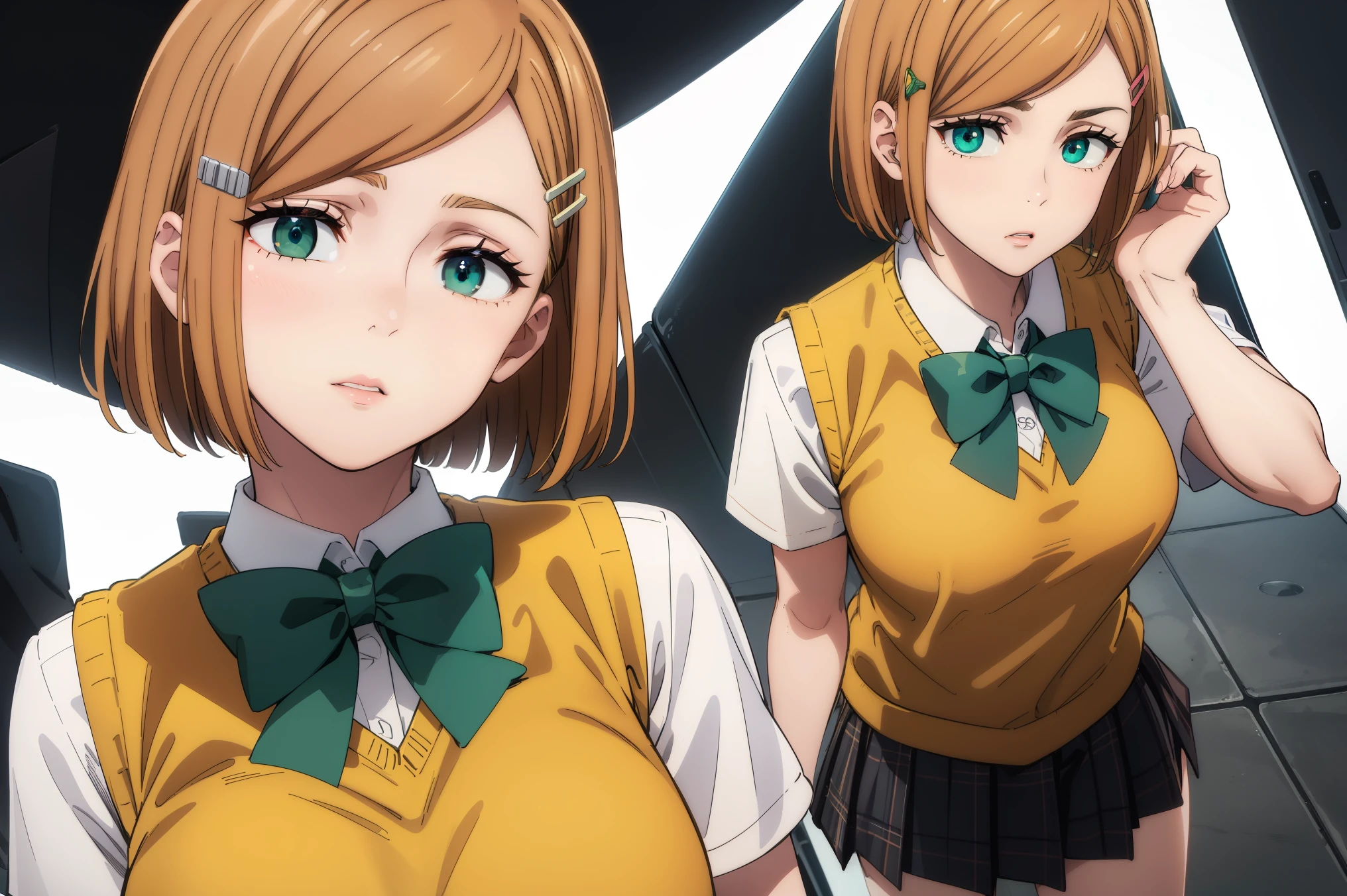 Nobara,
BREAK ((hairclip, green bowtie, yellow sweater vest, white shirt, short sleeves, green miniskirt, plaid:1.5)),
BREAK looking at viewer, oudoors,
BREAK (masterpiece:1.2), best quality, high resolution, unity 8k wallpaper,NSFW ,(illustration:0.8), (beautiful detailed eyes:1.6), extremely detailed face, perfect lighting, extremely detailed CG, (perfect hands, perfect anatomy),