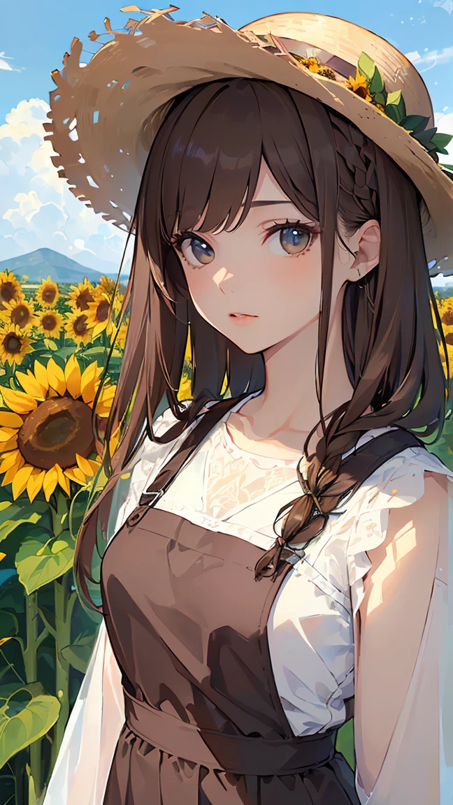 (((Best quality, 8k, Masterpiece: 1.3)), ((best quality)), ((masterpiece)), (detailed), perfect face, perfect body, (detailed skin:1.3), (intricate details), light brown hair, swept bangs, low-braided long hair, Straw hat, pinafore dress, sunflower field