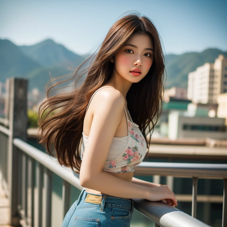 Young woman leaning against a contemporary railing, captured in soft, natural light. She wears a delicate, pastel floral tank top paired with high-waisted denim shorts, exuding a casual yet trendy vibe. Her long, wavy hair cascades gracefully over her shoulders. The background features a slightly blurred urban landscape, suggesting a serene rooftop setting with faint mountains in the distance. The overall aesthetic is a blend of soft focus and light pastel colors, creating an ethereal, dreamy mood reminiscent of impressionist art. Add gentle bokeh effects to enhance the romantic atmosphere while focusing on the subject's pose and outfit details.