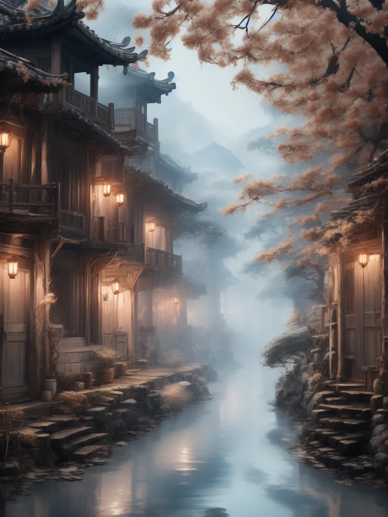 「Ancient bridge in thick fog」More thick and thick haze wide corner ancient village beautiful view Chinese style Jiangnan landscape ancient town village ancient tree 「Ancient bridge in thick fog」  Old town village drawing an ancient wooden arch Exquisite artistic details of the view of the bridge in the hazy haze, the best quality，  Extremely complex exquisite detail The overall scene shows a strong creative and deep textural effect with hazy haze , creates an ethereal 、 The feeling of serenity creates a sense of serenity 、A work of fine art 