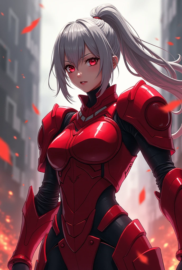 (8K,tmasterpiece,best qualtiy),great clarity,Clear face,Hyper-detailing,Beautiful fine eye with beautiful details,Beautifully detailed face,Nice face,high high quality,A high resolution,Nice hairstyle,photorealistic eye,Nice detail eyes,(Realistic skin),Robot girl wearing sexy costume in red,Clothing that exposes,Sexy tights in red,cyberpunk bodysuit,high slit leotard,glowing light eyes,Robot earmuffs,Fingerless gloves,(gigantic cleavage breasts:1.4),Bigboobs,The breasts are mostly bare,Bare belly,Single person,Distracted eyes,Demented expression,inch hair style(The hair was cut short,Close to the scalp),silber hair,Very short hair,Red clothes,Red clothes,Red female robot,Mechanical prosthesiechanical leg,Mechanical wrist,Mechanical skin,Mechanical neck,High-heeled stiletto heeled boots,Bare thighs,Big breasts Thin waist, Wide hips,Tall,full-body portraits,Perfect female body,Sexy female image,female robot,Very sexy female mechanical body,Standing posture,cyborg robot parts