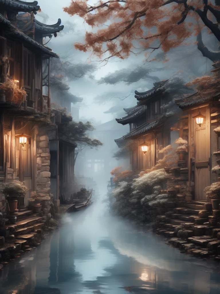 「Ancient bridge in thick fog」More thick and thick haze wide corner ancient village beautiful view Chinese style Jiangnan landscape ancient town village ancient tree 「Ancient bridge in thick fog」  Old town village drawing an ancient wooden arch Exquisite artistic details of the view of the bridge in the hazy haze, the best quality，  Extremely complex exquisite detail The overall scene shows a strong creative and deep textural effect with hazy haze , creates an ethereal 、 The feeling of serenity creates a sense of serenity 、A work of fine art 