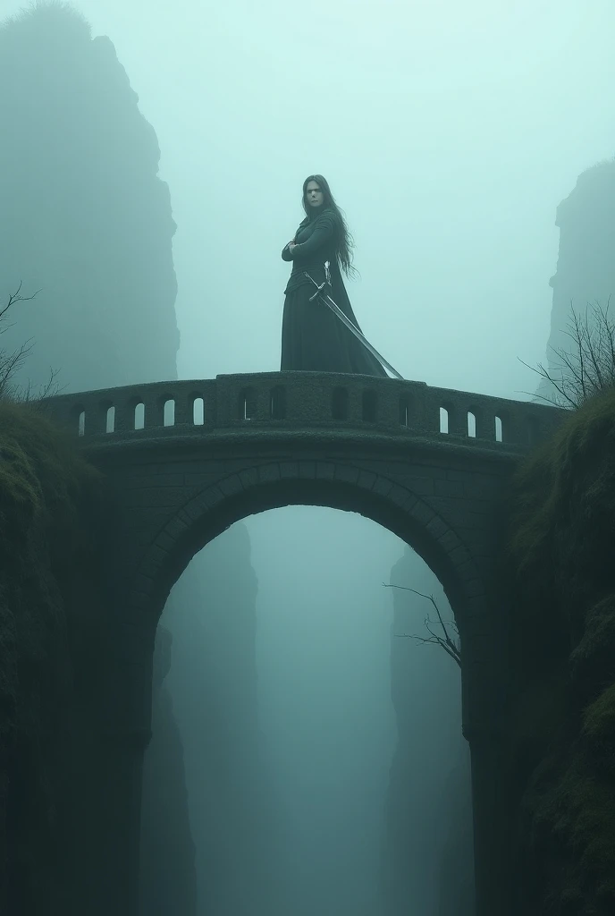 An old bridge shrouded in fog ,  Female Warrior Standing on the Bridge, Female Warrior with a Great Sword on Her Back ,  cross your arms,