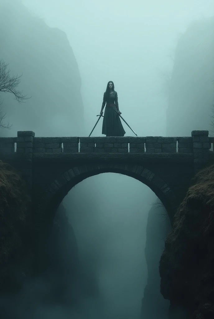 An old bridge shrouded in fog ,  Female Warrior Standing on the Bridge, Female Warrior with a Great Sword on Her Back ,  cross your arms,