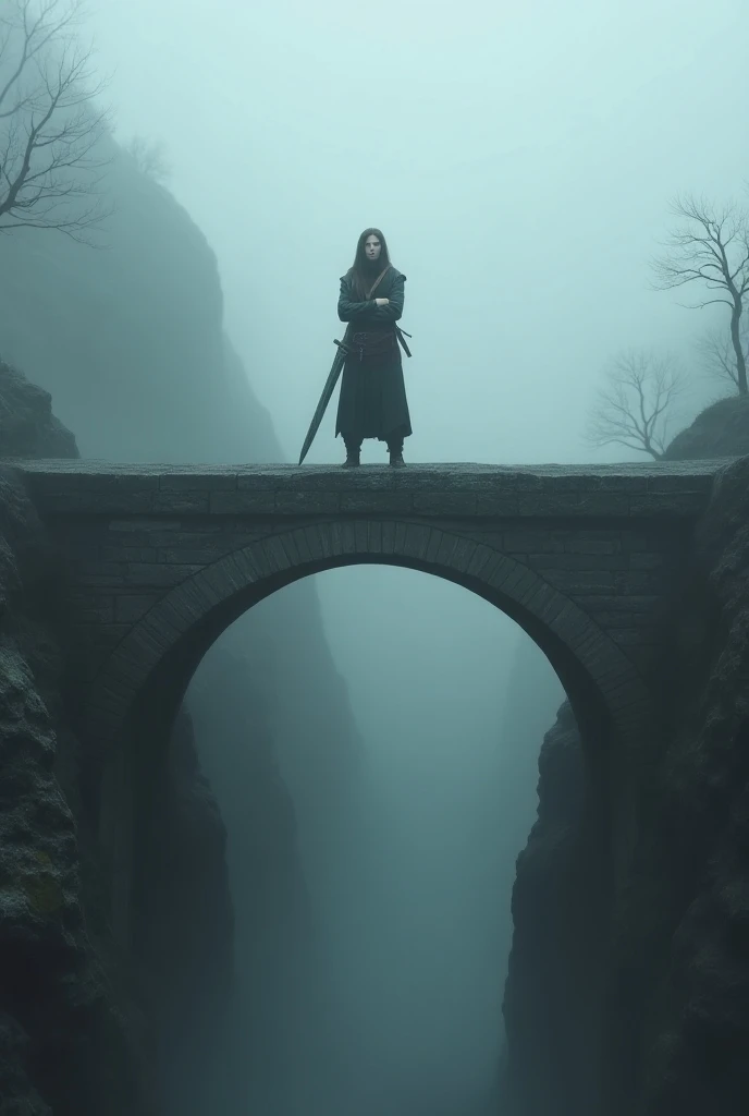 An old bridge shrouded in fog ,  Female Warrior Standing on the Bridge, Female Warrior with a Great Sword on Her Back ,  cross your arms,