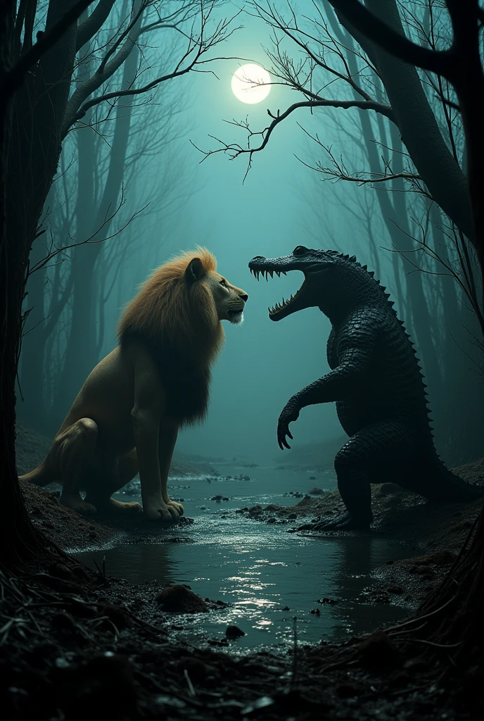 Horrror scene, outlast, silent hill atmosphere. A majestic (1 lion) and a monstrous (((1 crocodile))) stand on opposite sides of a dark, misty swamp, their eyes locked as if preparing for battle. The lion's mane is illuminated by moonlight, while the crocodile's scaly body gleams in the murky waters. Dense, twisted trees frame the scene, creating a shadowy, ominous atmosphere. (Ultra-realistic, 32k, Masterpiece, High Quality, Detailed Realistic Background, Official Art, Realistic Lighting, filmfotos, film grain, reversal film photography), Mysterious