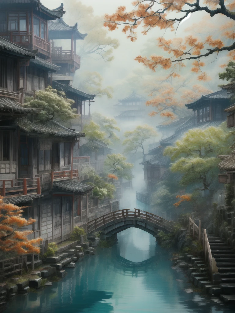 「Ancient bridge in thick fog」More thick and thick haze wide corner ancient village beautiful view Chinese style Jiangnan landscape ancient town village ancient tree 「Ancient bridge in thick fog」  Old town village drawing an ancient wooden arch Exquisite artistic details of the view of the bridge in the hazy haze, the best quality，  Extremely complex exquisite detail The overall scene shows a strong creative and deep textural effect with hazy haze , creates an ethereal 、 The feeling of serenity creates a sense of serenity 、A work of fine art 