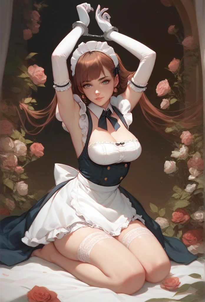 maid， White Long Gloves ， Wear handcuffs on both hands，Raise your hands above your head， Kneel down 