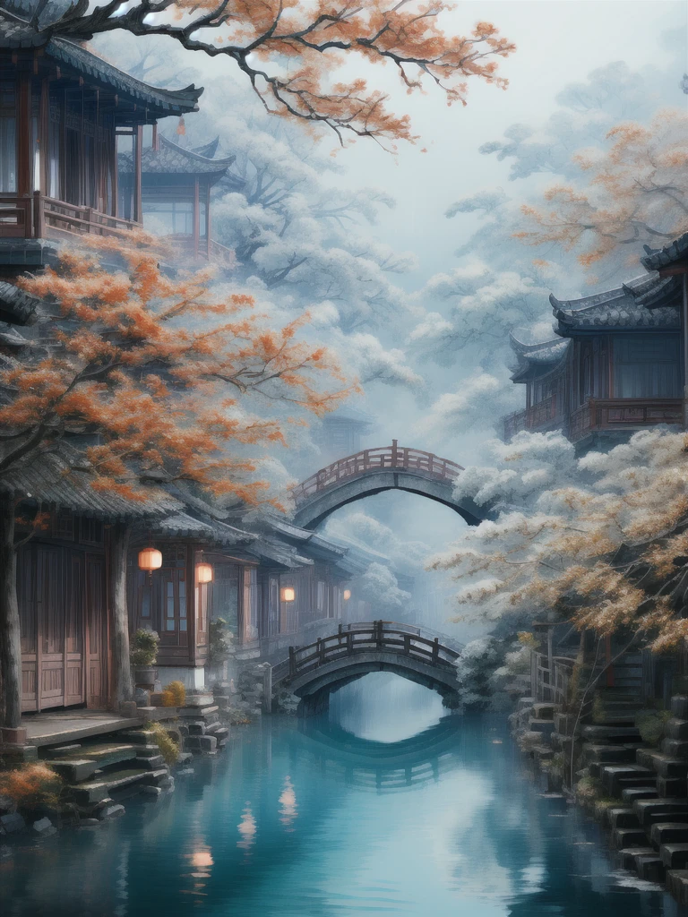 「Ancient bridge in thick fog」More thick and thick haze wide corner ancient village beautiful view Chinese style Jiangnan landscape ancient town village ancient tree 「Ancient bridge in thick fog」  Old town village drawing an ancient wooden arch Exquisite artistic details of the view of the bridge in the hazy haze, the best quality，  Extremely complex exquisite detail The overall scene shows a strong creative and deep textural effect with hazy haze , creates an ethereal 、 The feeling of serenity creates a sense of serenity 、A work of fine art 