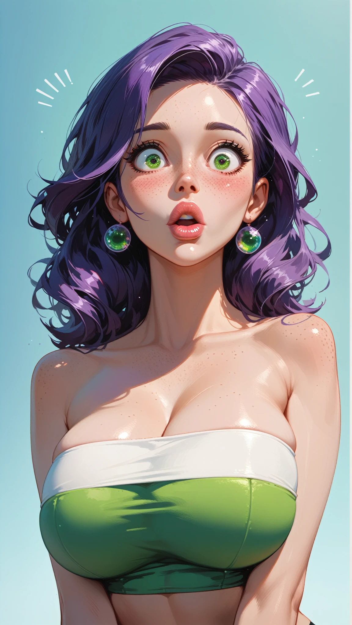 (masterpiece, highres, high resolution:1.2), anime 20 yo girl, portrait, shoulders up, illustration. drawn, violet hair woman, green eyes, blushing, solo, surprised, freckles, big lips, huge breasts, perfect body, wearing a tube top, no hands.