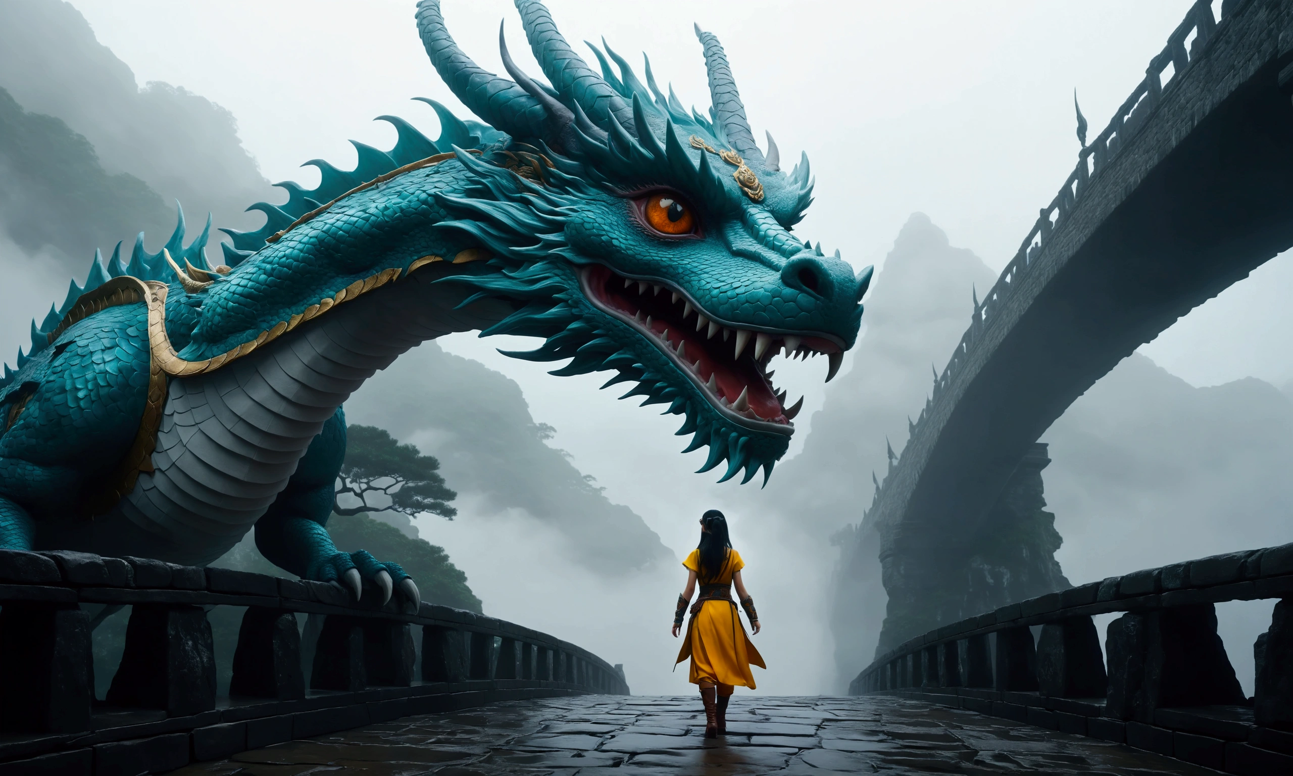 a cute woman in a sexy adventurer outfit, awestruck expression, an enormous Chinese dragon examining her with one eye, an ancient bridge in the fog, cinematic lighting, mist, atmospheric, fantasy, detailed digital art, masterpiece, 8k, photorealistic, ultra-detailed, vibrant colors, dramatic lighting, show all of her head to toe