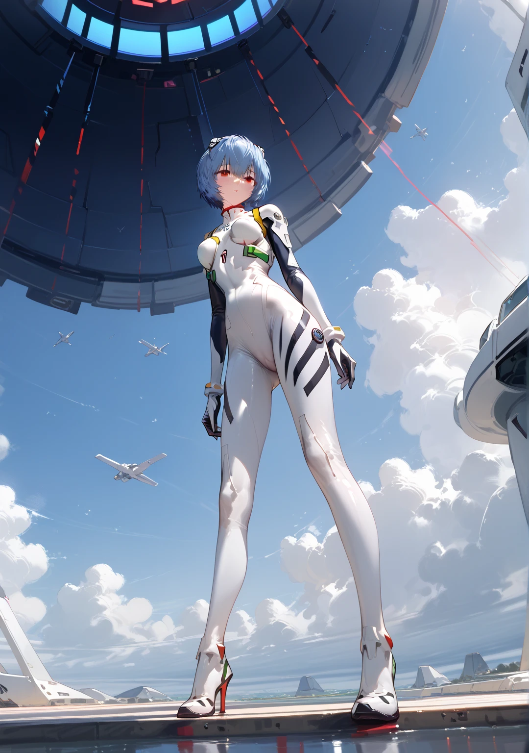     best quality,     best quality,   high quality illustration depicting how it shrinks in the air, masterpiece,      ultra high resolution,     detailed background    ,     absurd, perfect anatomy,     performance    , Good lighting,     shadows in the movies,     1 girl,   Neon Genesis Evangelion、Rei Ayanami,  blue hair , red eyes、 Bodysuit ,  headgear  , Plug Suit, white  Bodysuit ,  Neon Genesis Evangelion、、Clear style、