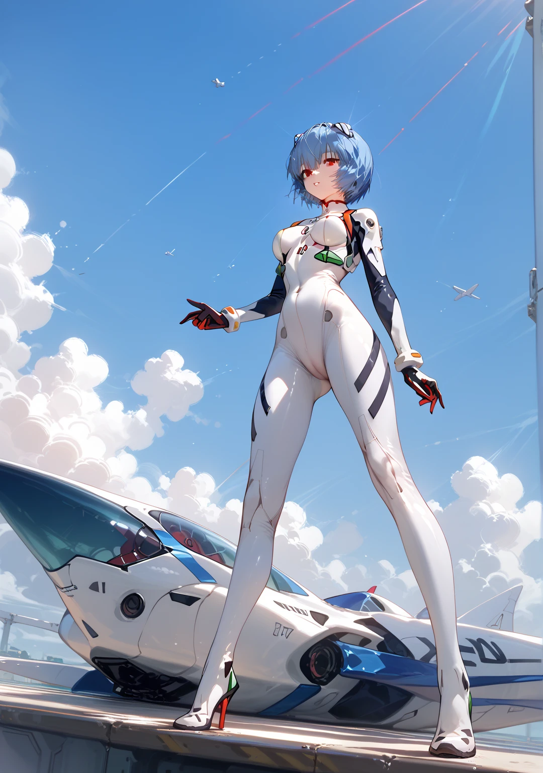     best quality,     best quality,   high quality illustration depicting how it shrinks in the air, masterpiece,      ultra high resolution,     detailed background    ,     absurd, perfect anatomy,     performance    , Good lighting,     shadows in the movies,     1 girl,   Neon Genesis Evangelion、Rei Ayanami,  blue hair , red eyes、 Bodysuit ,  headgear  , Plug Suit, white  Bodysuit ,  Neon Genesis Evangelion、、Clear style、