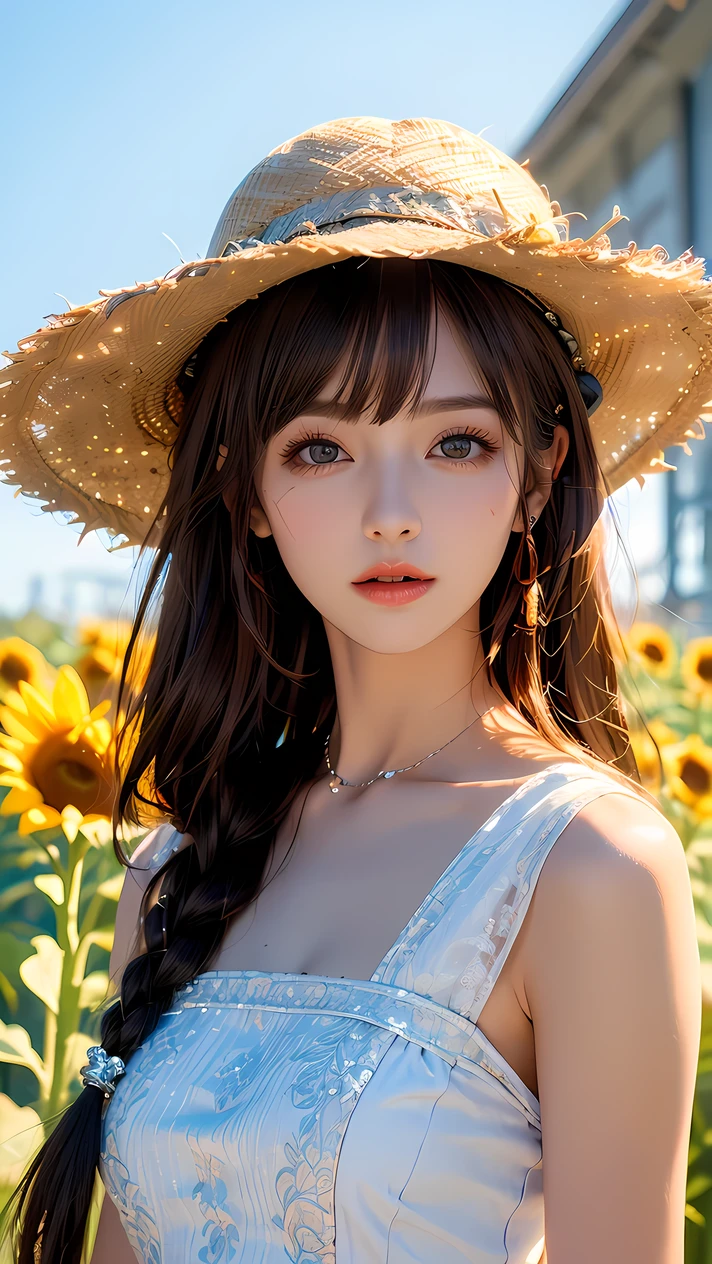 (((Best quality, 8k, Masterpiece: 1.3)), ((best quality)), ((masterpiece)), (detailed), perfect face, perfect body, (detailed skin:1.3), (intricate details), light brown hair, swept bangs, low-braided long hair, Straw hat, pinafore dress, sunflower field