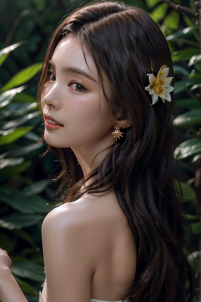 (masterpiece), a stunning portrait of young gorgeous woman, (face close-up), 8k, raw photo, looking at viewer, (highly detailed skin:1.2), slim body,(photorealistic:1.4), in the middle of forest, solo, (star earring:1.2), black hair, long hair, (looking at viewer), from behind, smile, wedding dress with flower-shaped lace