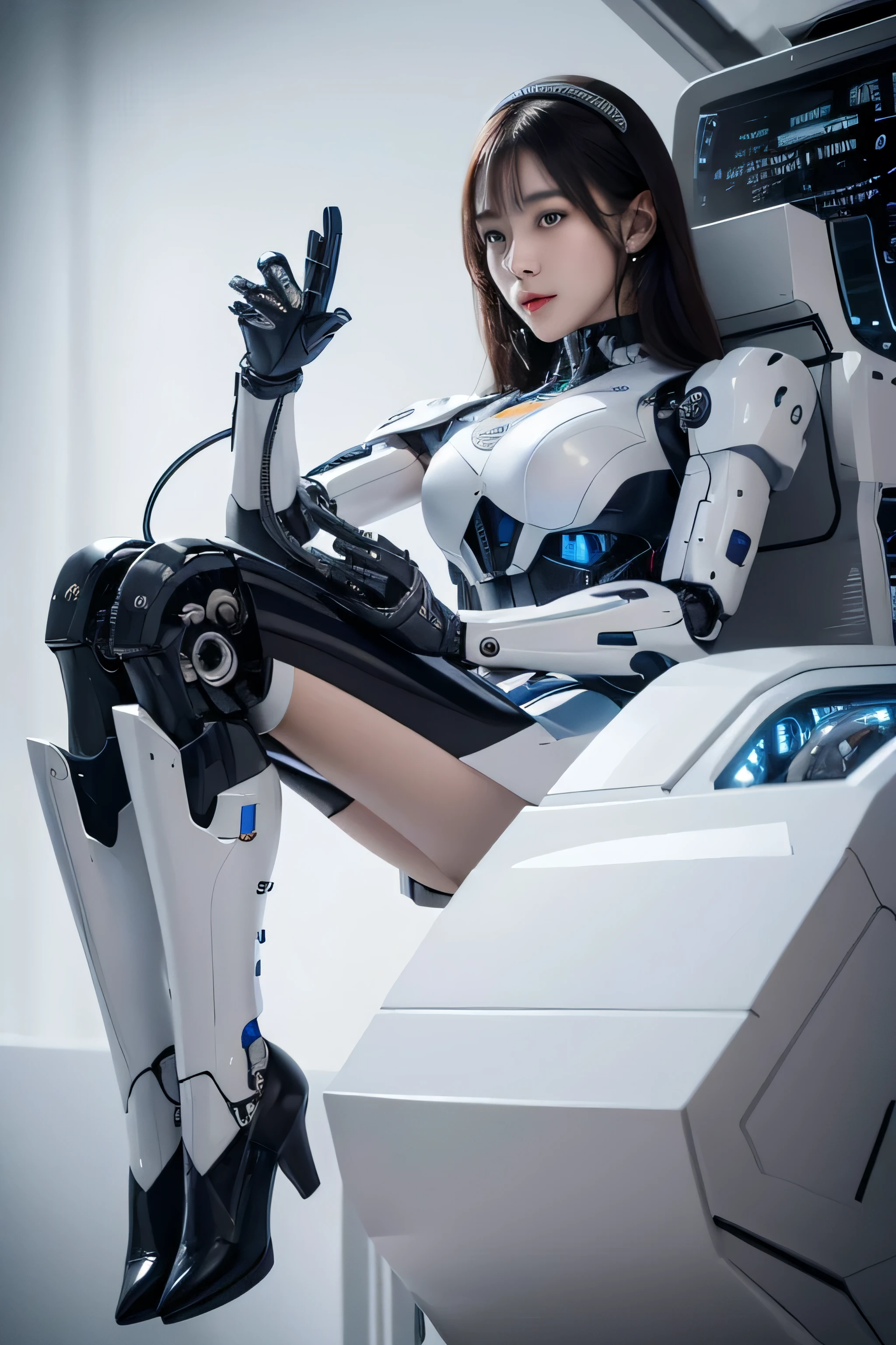 woman in a white suit sitting on a chair with a remote control, the most advanced humanoid robot, fully robotic!! girl, girl wearing robotic suit, close-up of a robot sitting down, humanoid robot close up, the robot wearing her human mask, artificial intelligence princess, posing robotically, integrated synthetic android, perfect android girl, full eyes, master0piece, Best Quality, Illustration, Ultra-detailed, finely detail, hight resolution, 8K Wallpaper, Perfect dynamic composition, Beautiful detailed blue colored eyes, suits,Medium Hair,  Natural Color Lip, Random and sexy poses,Smile,‎Classroom、20 years girl、lifelike face、real looking skin、Realistic blue eyes、cute little, robotic neck, robotic arms and legs, deep blue eyes, career woman robot, robot girl, cyborg, control panels, control monitor in chest, 8K, RAW photos, Best quality, Masterpiece: 1.2),(best qualtiy，8K, Yes，32K，masterpiece，hyper HD：1.2) , Generate a highly detailed and realistic 4K description of a robot woman in a career suit, emphasizing every detail, from her attire to the surrounding environment, skinny body, perfect body, beautifull face, asian face, glowing skin, cyborg girl, deep blue eyes, android robot, mechanical details, korean robot girl, robotic chest, add chest monitor, perfect blue eyes, control panels, japanese android woman,perfect robot girl,long tube,thick cable connected her neck,android,robot,humanoid,cyborg, japanese cyborg girl , She is reprogramming now,chest monitor