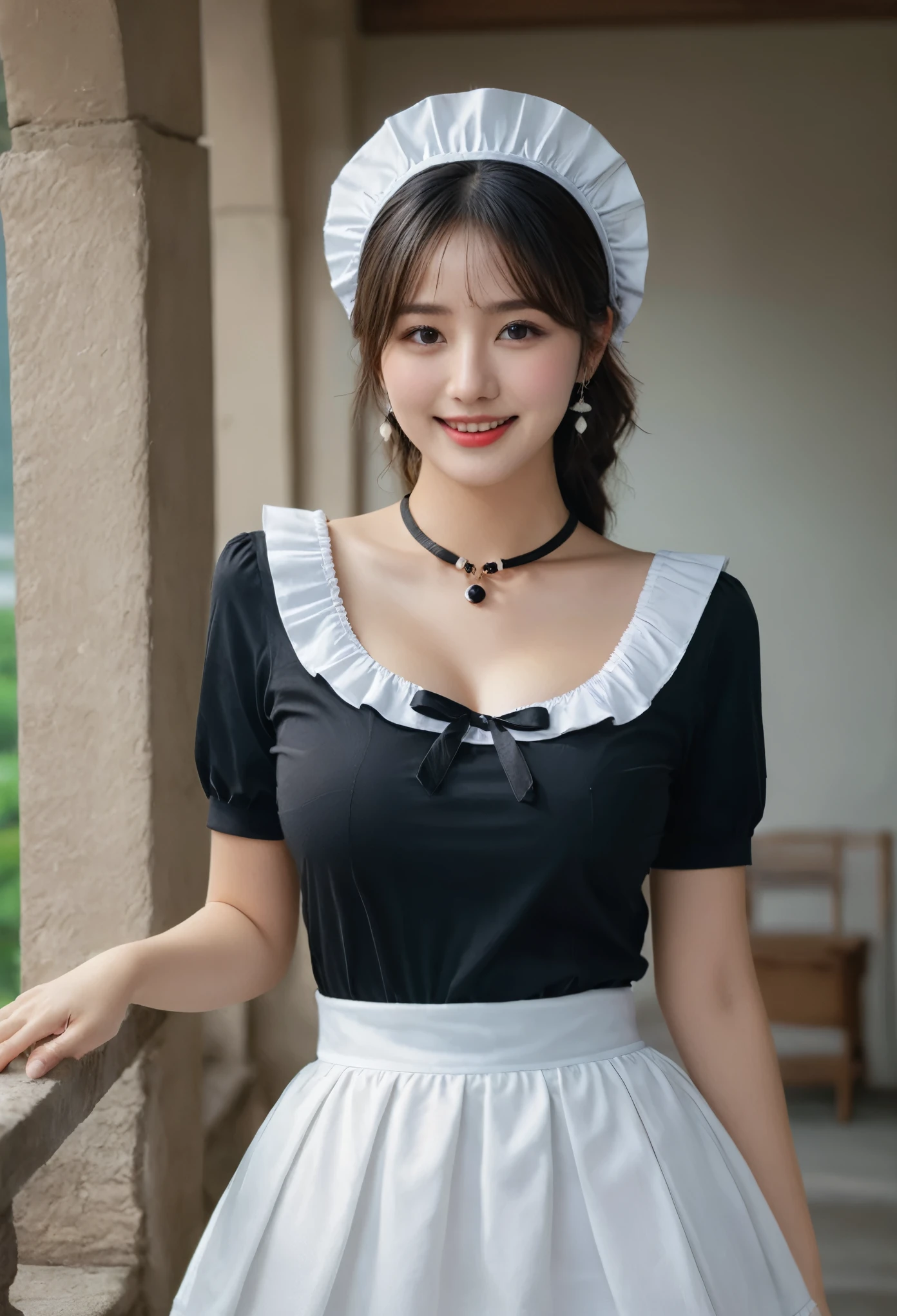 masterpiece, best quality, soft light, ultra high resolution, (photorealistic:1.4), Raw photo, 1 woman, ((beautiful woman)), cute type, ((Cute ocean maid outfit, white maid headdress, black shirt, black skirt, white frill apron, black ruffled choker, earrings, high heels)), (huge big breasts :1.2), (High resolution details of human skin texture), smile, (People photography), (perky butt), Fall season atmosphere, ((Being in the castle)),