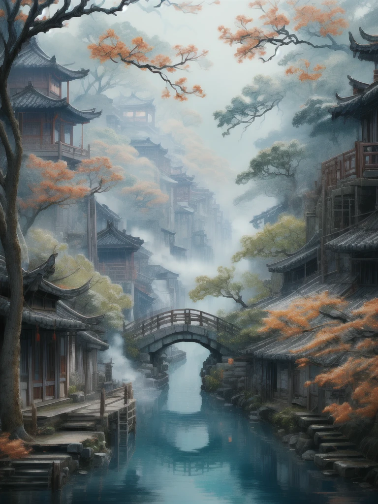 「Ancient bridge in thick fog」More thick and thick haze wide corner ancient village beautiful view Chinese style Jiangnan landscape ancient town village ancient tree 「Ancient bridge in thick fog」  Old town village drawing an ancient wooden arch Exquisite artistic details of the view of the bridge in the hazy haze, the best quality，  Extremely complex exquisite detail The overall scene shows a strong creative and deep textural effect with hazy haze , creates an ethereal 、 The feeling of serenity creates a sense of serenity 、A work of fine art 