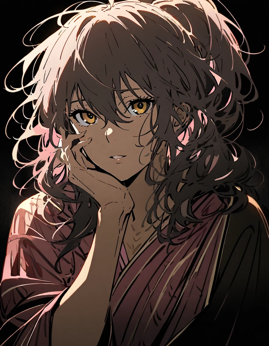 mature, Golden eyes, looking at viewer, female, bedroom background, messy hair, dark shoulder-length hair, ponytail, parted lips, hair between eyes, ahoge, background in low light, dark, night, emotionless, white and pink kimono, one hand on face, missing one arm, small scars, from the side