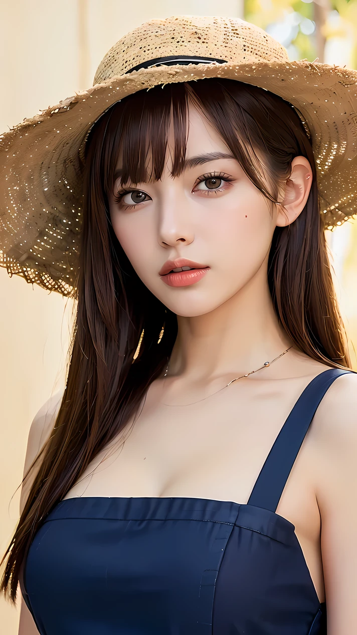 (((Best quality, 8k, Masterpiece: 1.3)), ((best quality)), ((masterpiece)), (detailed), perfect face, perfect body, (detailed skin:1.3), (intricate details), light brown hair, swept bangs, low-braided long hair, Straw hat, pinafore dress, sunflower field