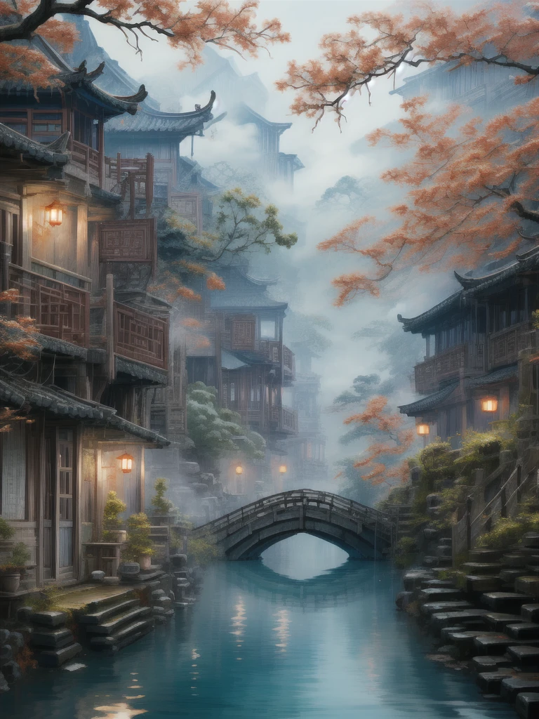 「Ancient bridge in thick fog」More thick and thick haze wide corner ancient village beautiful view Chinese style Jiangnan landscape ancient town village ancient tree 「Ancient bridge in thick fog」  Old town village drawing an ancient wooden arch Exquisite artistic details of the view of the bridge in the hazy haze, the best quality，  Extremely complex exquisite detail The overall scene shows a strong creative and deep textural effect with hazy haze , creates an ethereal 、 The feeling of serenity creates a sense of serenity 、A work of fine art 