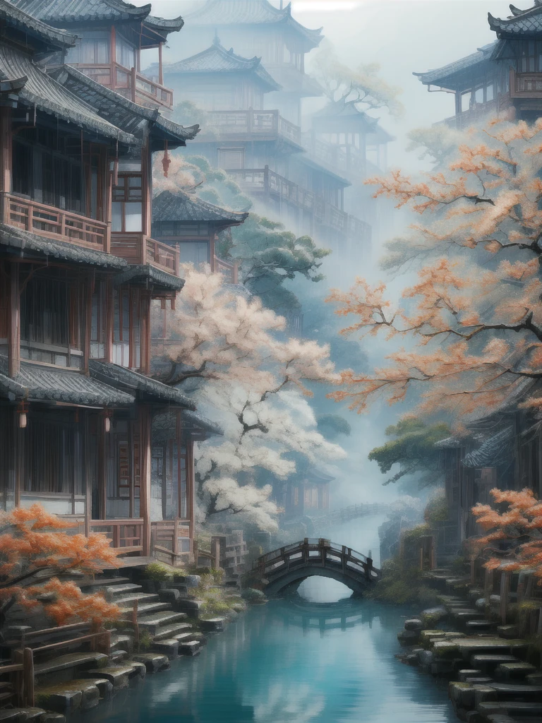 「Ancient bridge in thick fog」More thick and thick haze wide corner ancient village beautiful view Chinese style Jiangnan landscape ancient town village ancient tree 「Ancient bridge in thick fog」  Old town village drawing an ancient wooden arch Exquisite artistic details of the view of the bridge in the hazy haze, the best quality，  Extremely complex exquisite detail The overall scene shows a strong creative and deep textural effect with hazy haze , creates an ethereal 、 The feeling of serenity creates a sense of serenity 、A work of fine art 