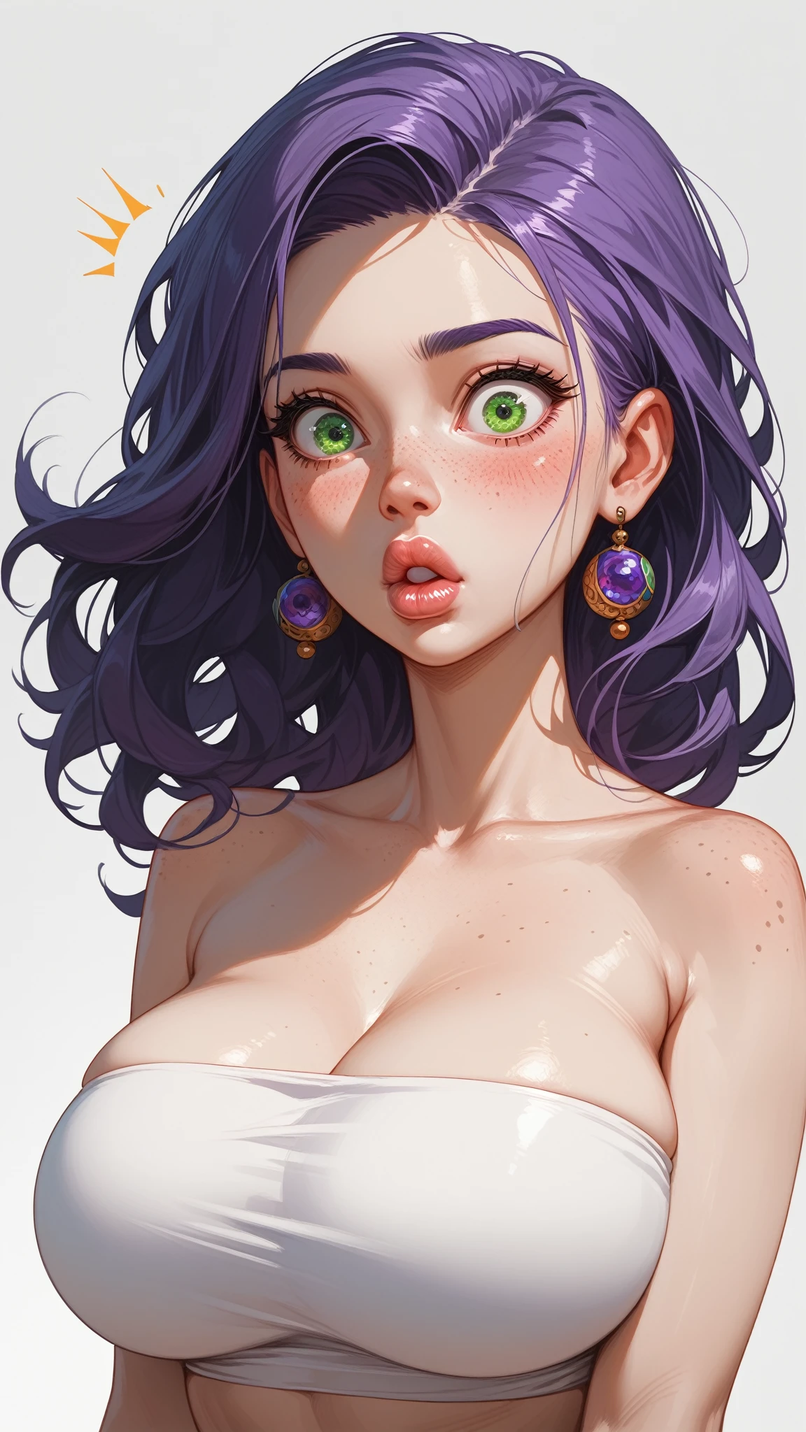 (masterpiece, highres, high resolution:1.2), anime 20 yo girl, portrait, shoulders up, illustration. drawn, violet hair woman, green eyes, blushing, solo, surprised, freckles, big lips, huge breasts, perfect body, wearing a tube top, no hands.