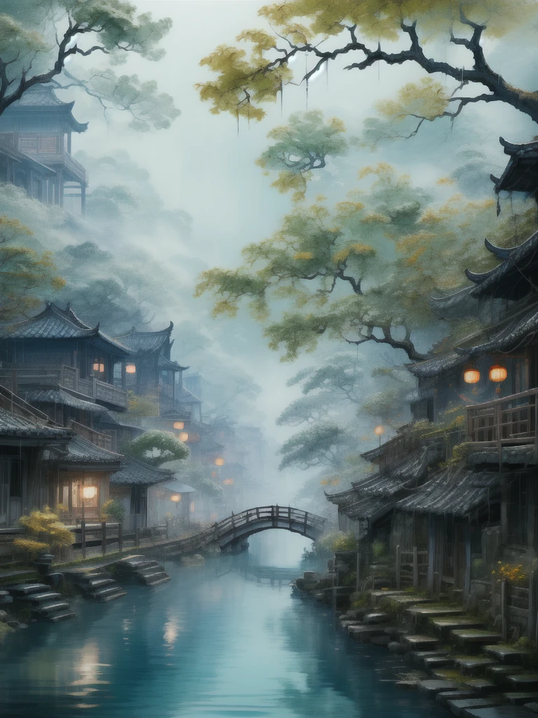 「Ancient bridge in thick fog」More thick and thick haze wide corner ancient village beautiful view Chinese style Jiangnan landscape ancient town village ancient tree 「Ancient bridge in thick fog」  Old town village drawing an ancient wooden arch Exquisite artistic details of the view of the bridge in the hazy haze, the best quality，  Extremely complex exquisite detail The overall scene shows a strong creative and deep textural effect with hazy haze , creates an ethereal 、 The feeling of serenity creates a sense of serenity 、A work of fine art 