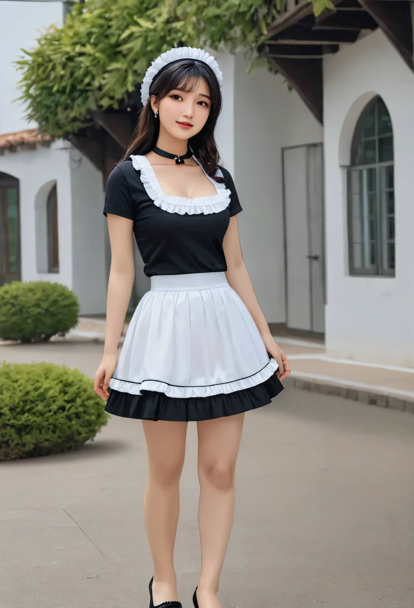 masterpiece, best quality, soft light, ultra high resolution, (photorealistic:1.4), Raw photo, 1 woman, ((beautiful woman)), cute type, ((Cute ocean maid outfit, white maid headdress, black shirt, black skirt, white frill apron, black ruffled choker, earrings, high heels)), (huge big breasts :1.2), (High resolution details of human skin texture), smile, (People photography), (perky butt), Fall season atmosphere, ((Being in the castle)),