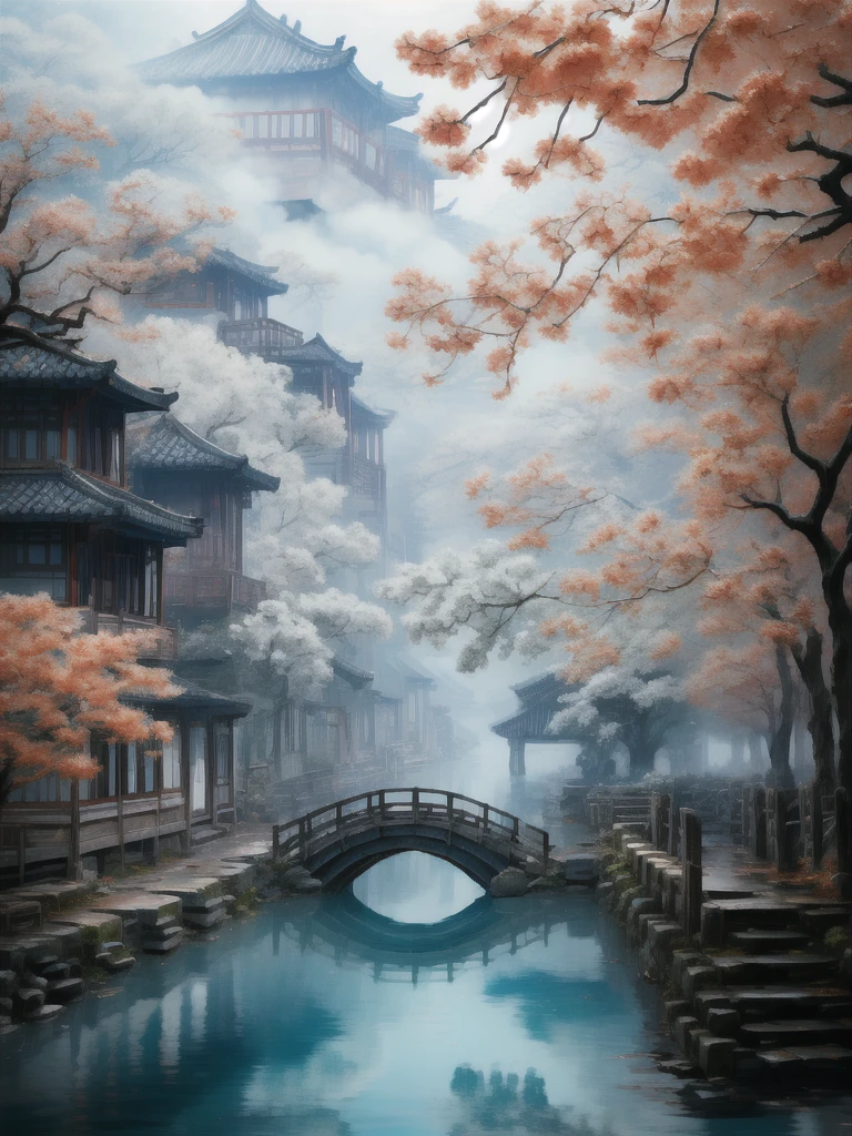 「Ancient bridge in thick fog」More thick and thick haze wide corner ancient village beautiful view Chinese style Jiangnan landscape ancient town village ancient tree 「Ancient bridge in thick fog」  Old town village drawing an ancient wooden arch Exquisite artistic details of the view of the bridge in the hazy haze, the best quality，  Extremely complex exquisite detail The overall scene shows a strong creative and deep textural effect with hazy haze , creates an ethereal 、 The feeling of serenity creates a sense of serenity 、A work of fine art 