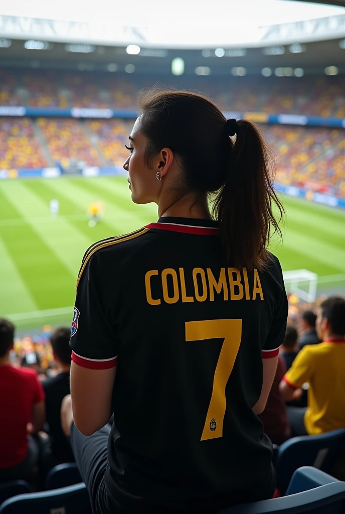 A woman from behind with straight black hair sitting with the Colombia number 10 shirt watching the game and having a glass of sangria