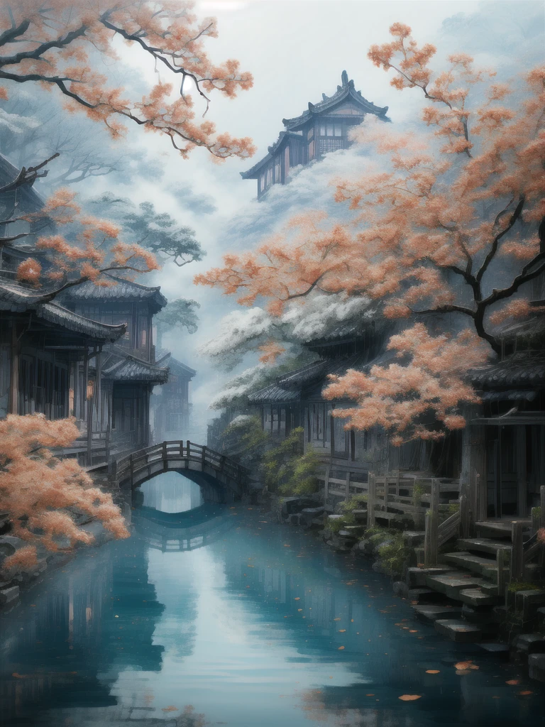 「Ancient bridge in thick fog」More thick and thick haze wide corner ancient village beautiful view Chinese style Jiangnan landscape ancient town village ancient tree 「Ancient bridge in thick fog」  Old town village drawing an ancient wooden arch Exquisite artistic details of the view of the bridge in the hazy haze, the best quality，  Extremely complex exquisite detail The overall scene shows a strong creative and deep textural effect with hazy haze , creates an ethereal 、 The feeling of serenity creates a sense of serenity 、A work of fine art 