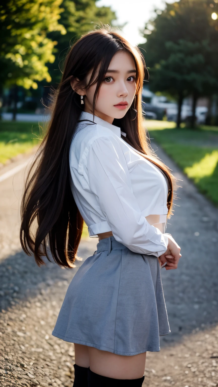 top-quality、masterpiece、细致背景、Day Park、、Strong sunlight、low angles、F:1.8、hi-school girl、(((Medium bob hair)))、beautiful hair of light brown color、beautiful eyes of light brown、校服、White blouses、Pleated skirt、Colossal tits、white panties、Opening legs、