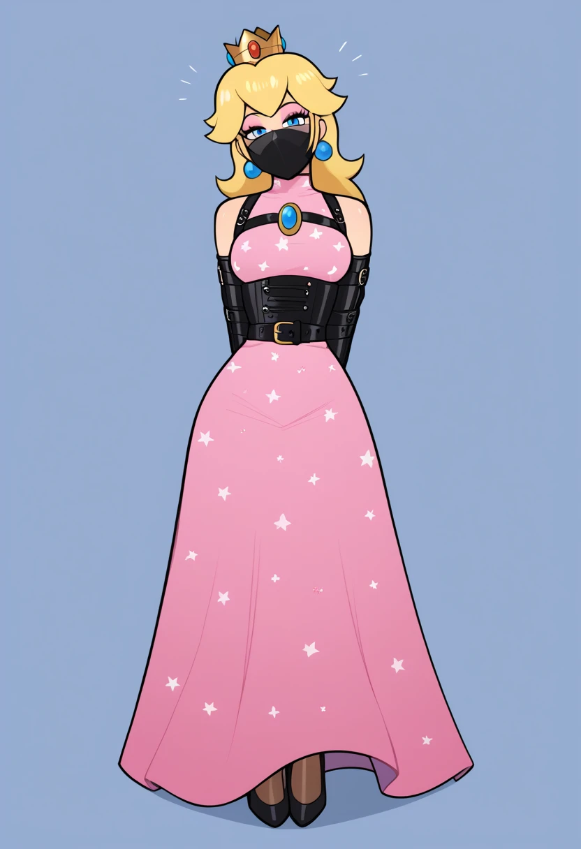 score_9, score_8_up, score_7_up, 1girl (Peach from super mario lore, Peach wearing starry Night Dress, pink long party dress, dress, sexy dress), flirt, gaze, sexy look, half-closed eyes, head tilt, makeup, (full bodies in view) expressiveh d4rk01l, perfect hands, perfect proportions, simple background. standing,  belt bondage, bound arms, arms behind back, tight mask, black mask, nude legs, (armbinder tied), (armbinder: 1.4), (front view), (sexy pose), (leather mask), (wrap mask), complete body .