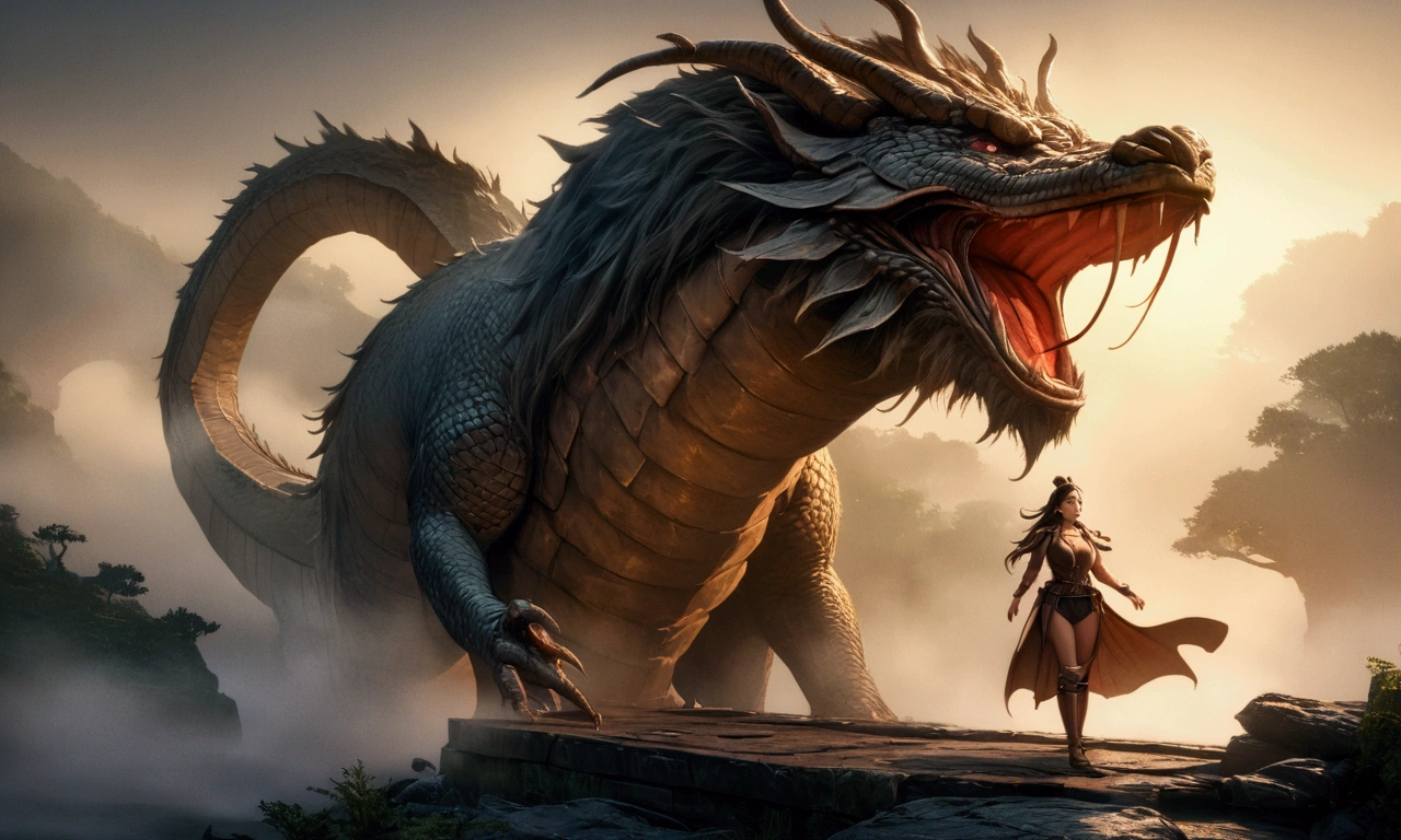 a cute woman in a sexy adventurer outfit, awestruck expression, an enormous Chinese dragon examining her with one eye, an ancient bridge in the fog, cinematic lighting, mist, atmospheric, fantasy, detailed digital art, masterpiece, 8k, photorealistic, ultra-detailed, vibrant colors, dramatic lighting, show all of her head to toe
