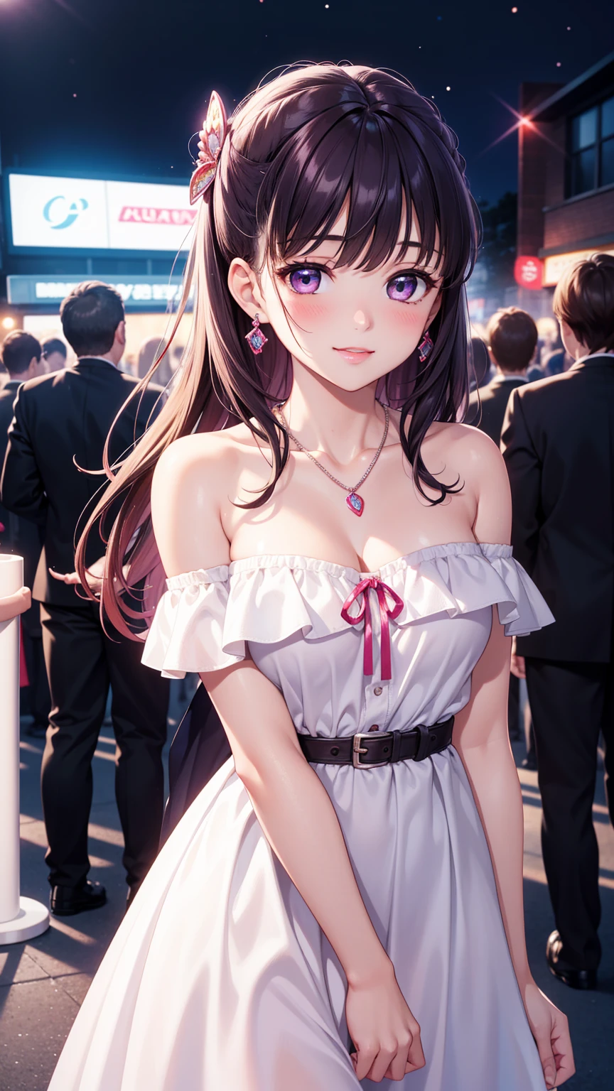 1girl, natural lighting, masterpiece, highly detailed, illustration, game CG, absurdres, high quality, beautiful detailed eyes, glossy lips, natural lighting, medium breasts, klaudia valentz, collarbone, jewelry, necklace, blush, morado dress, off the shoulder, light smile, night, neon lights, red carpet, crowd