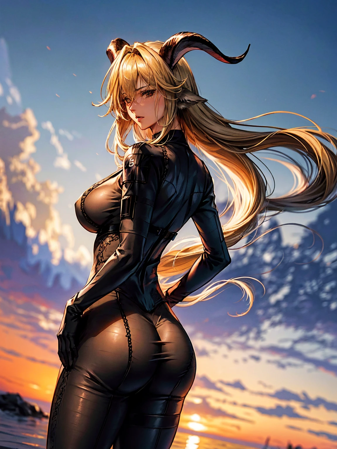 (top-quality、tmasterpiece、high resolution、super high image quality，highly detailed，8k，high saturation), 30years old，degenbrecher(arknights), goat girl, looking away from viewer, large breasts, hair between eyes, (symmetric goat horns:1.2), animal ears, Alone, long hair, closed mouth, blonde hair, yellow eyes, (goat ears: 1.1), Dynamic cowboy shot，detailed Mature face，detailed eyes, clear muscle lines, (sophisticated laced black tightsuit:1.2), pantyhose, viewing the back