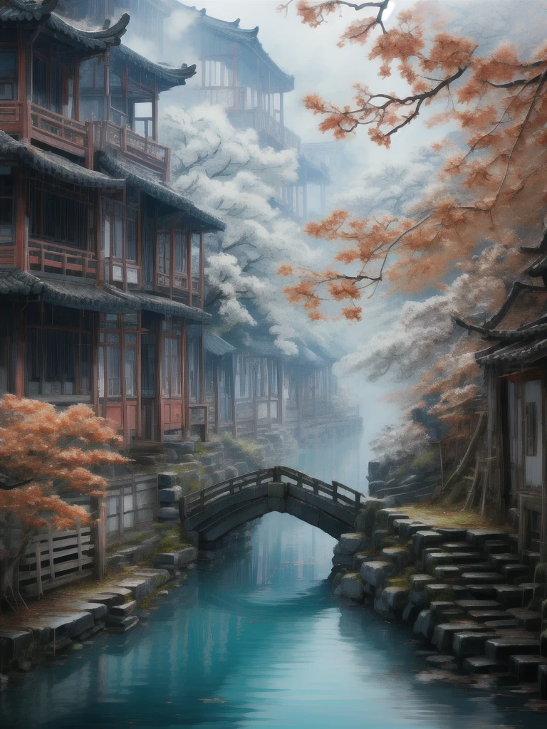 「Ancient bridge in thick fog」More thick and thick haze wide corner ancient village beautiful view Chinese style Jiangnan landscape ancient town village ancient tree 「Ancient bridge in thick fog」  Old town village drawing an ancient wooden arch Exquisite artistic details of the view of the bridge in the hazy haze, the best quality，  Extremely complex exquisite detail The overall scene shows a strong creative and deep textural effect with hazy haze , creates an ethereal 、 The feeling of serenity creates a sense of serenity 、A work of fine art 