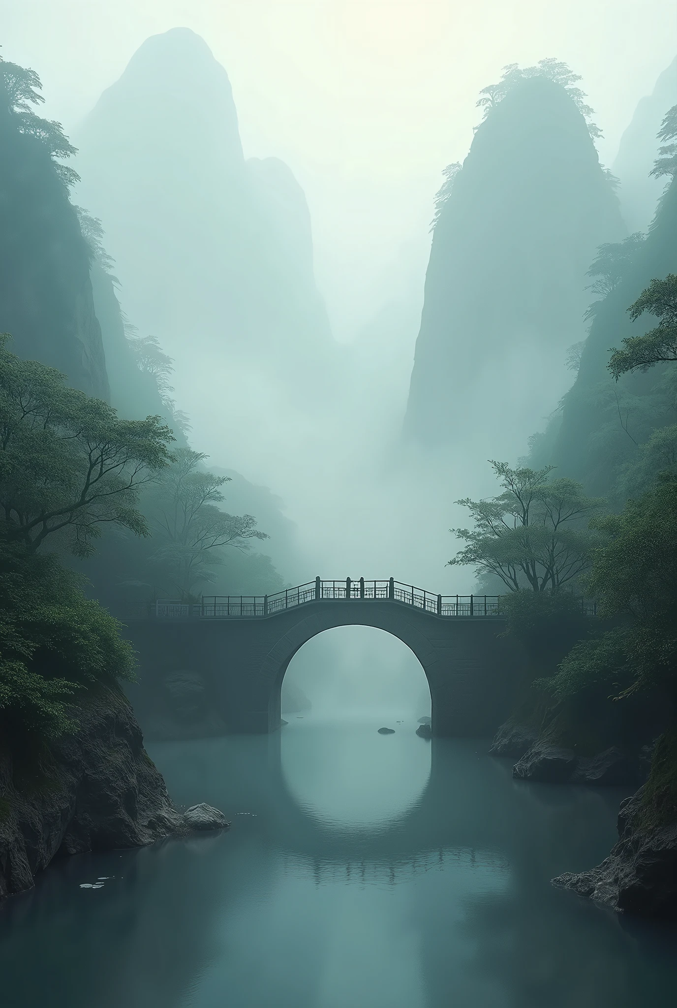 background, late autumn, non-people, ink painting, deep fog, stream, bridge hidden in the thick fog, Ancient small bridge in the Fog, a small bridge over the stream, Guilin Gorge, I can't see the bridge because of the fog