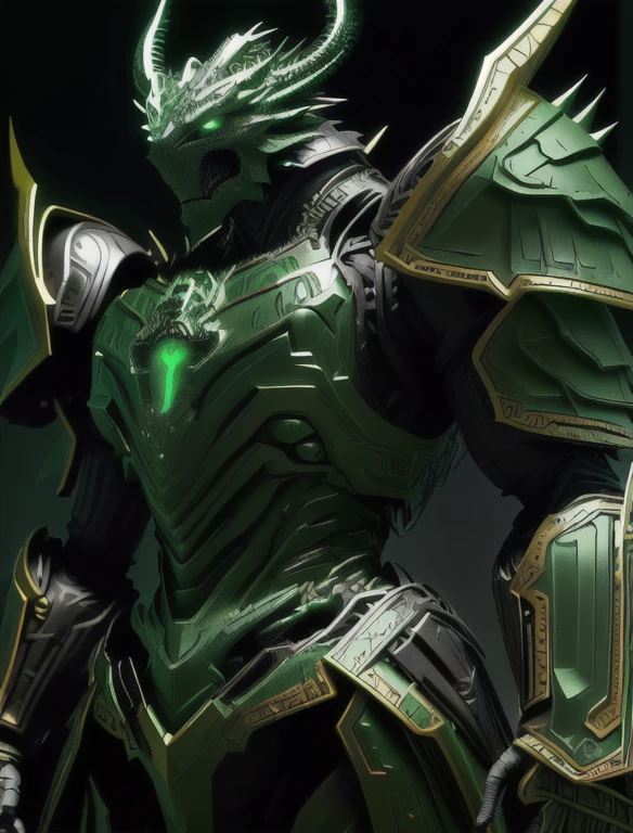 a close up of a person in a green and black costume, dragon knight, shadowverse style, stunning armor, style of raymond swanland, ornate armor covered in thorns, detailed key anime art, shinning armor, metallic green armor, green armor, beautiful armor, from lineage 2, gold paladin, shiny armor, shiny plastic armor, dragon armor