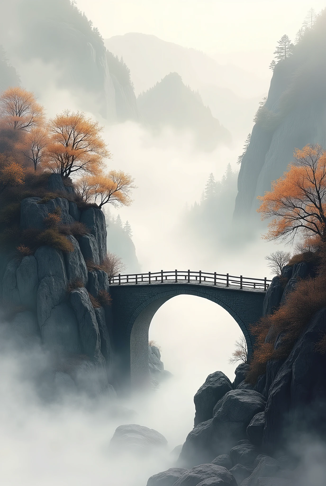 background, late autumn, non-people, ink painting, deep fog, stream, bridge hidden in the thick fog, Ancient small bridge in the Fog, a small bridge over the stream, Guilin Gorge, I can't see the bridge because of the fog