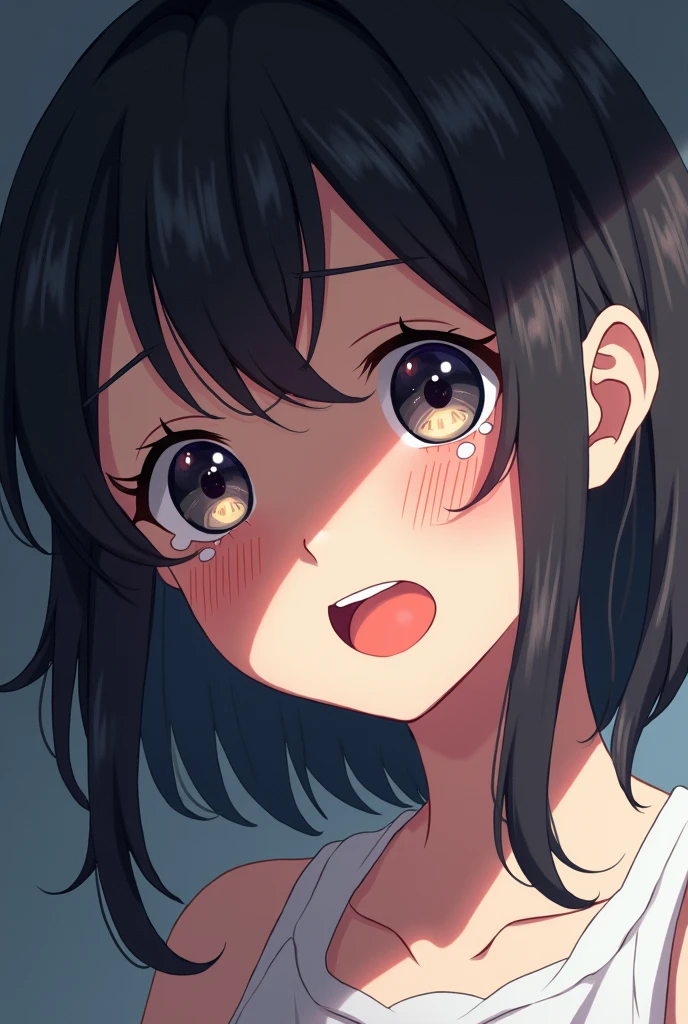side view,face focus,open mouth,tongue out,cum on tongue,lick,(1girl,Beautiful 16 year old girl),((Slender,Baby Face,Small face)),looking at viewer,look up,Black Hair,bangs,two side up,Gray Eyes,Drooping eyes,slit pupils,narrow eyes,sexy sweater,midriff peek,bare shoulder,Denim shorts,Beautiful and detailed anime art,Mischievous smile,Dimly lit room,Simple Background,Gray background,Low lighting