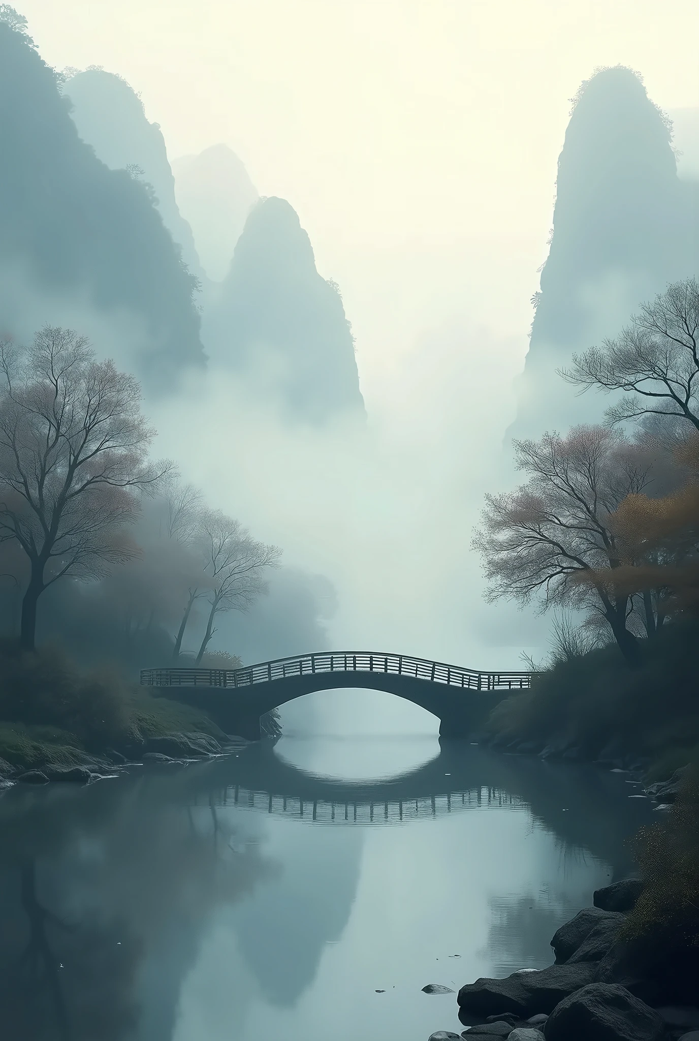 background, late autumn, non-people, ink painting, deep fog, stream, bridge hidden in the thick fog, Ancient small bridge in the Fog, a small bridge over the stream, Guilin Gorge, I can't see the bridge because of the fog