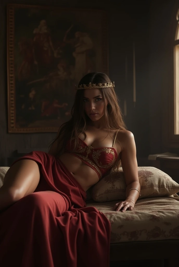 Masterpiece, a beautiful Amazon warrior, (Alyssa Sutherland:1.0), (), circlet, small breasrong muscular body), (short brown matted hair), legs, jewellery, (lying on the royal bed), her hand between her legs, (royal bedroom background), (candlelit), HD, (skin texture:1.1), best quality, ultra high res, (photorealistic: 1.4), Raw photo, by Ellen von Unwerth, Nikon D850 Film Stock Photography, F1.6 Lens, Rich Colors, bokeh, sharp focus, Realistic, Cinestill 800, backlight, rimlighting, sunlight through stained-glass windows, close-up, aroused, aroused expression, high camera angle