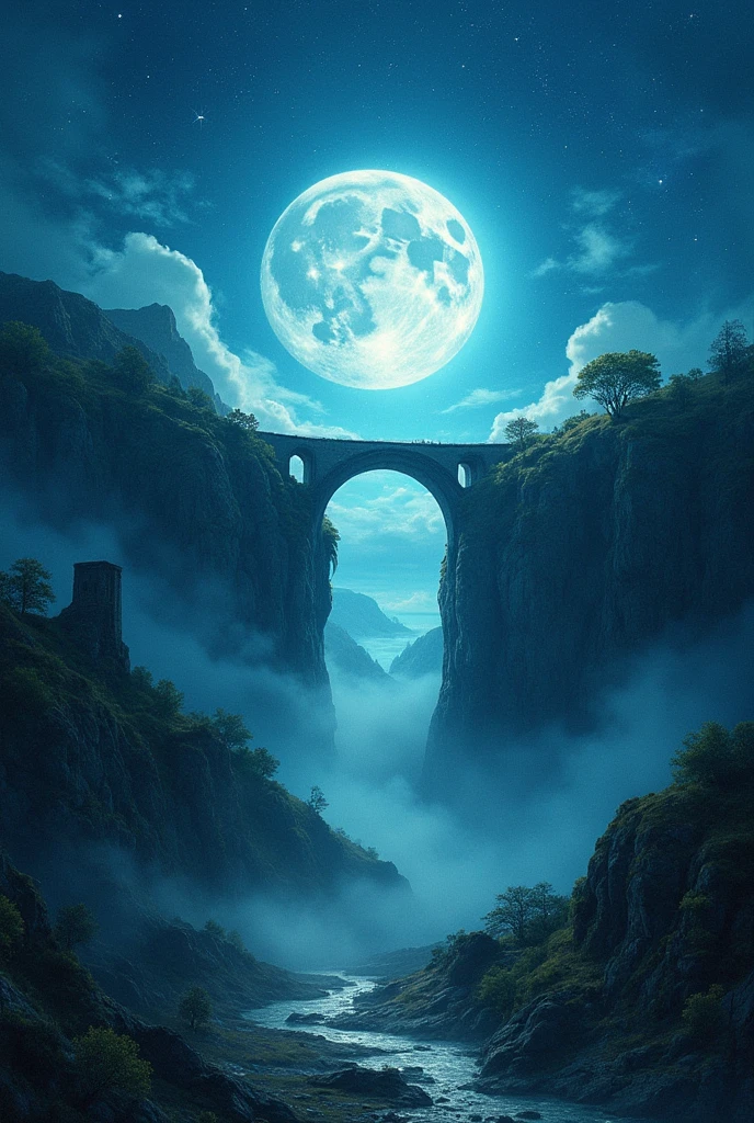 An ancient bridge enveloped in deep fog, with a red moon and a blue moon illuminating the scene, creating a mystical, otherworldly atmosphere. In the background, a majestic old castle can be seen, shrouded in mystery. The overall mood is enchanting and surreal, emphasizing the ethereal beauty of the two moons and the foggy landscape.、masterpiece,best quality,ultra detailed,8k portrait,highly detailed,super detailed skin,highly detailed background