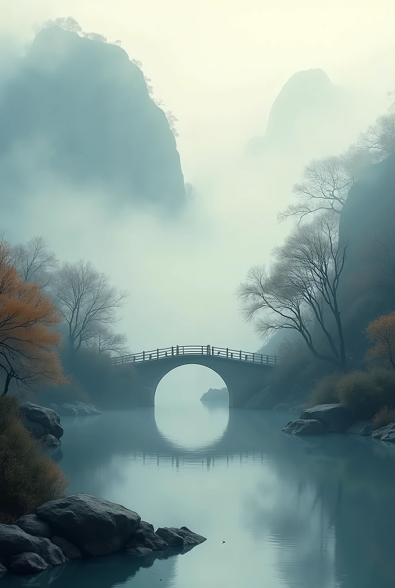 background, late autumn, non-people, ink painting, deep fog, stream, bridge hidden in the thick fog, Ancient small bridge in the Fog, a small bridge over the stream, Guilin Gorge, I can't see the bridge because of the fog