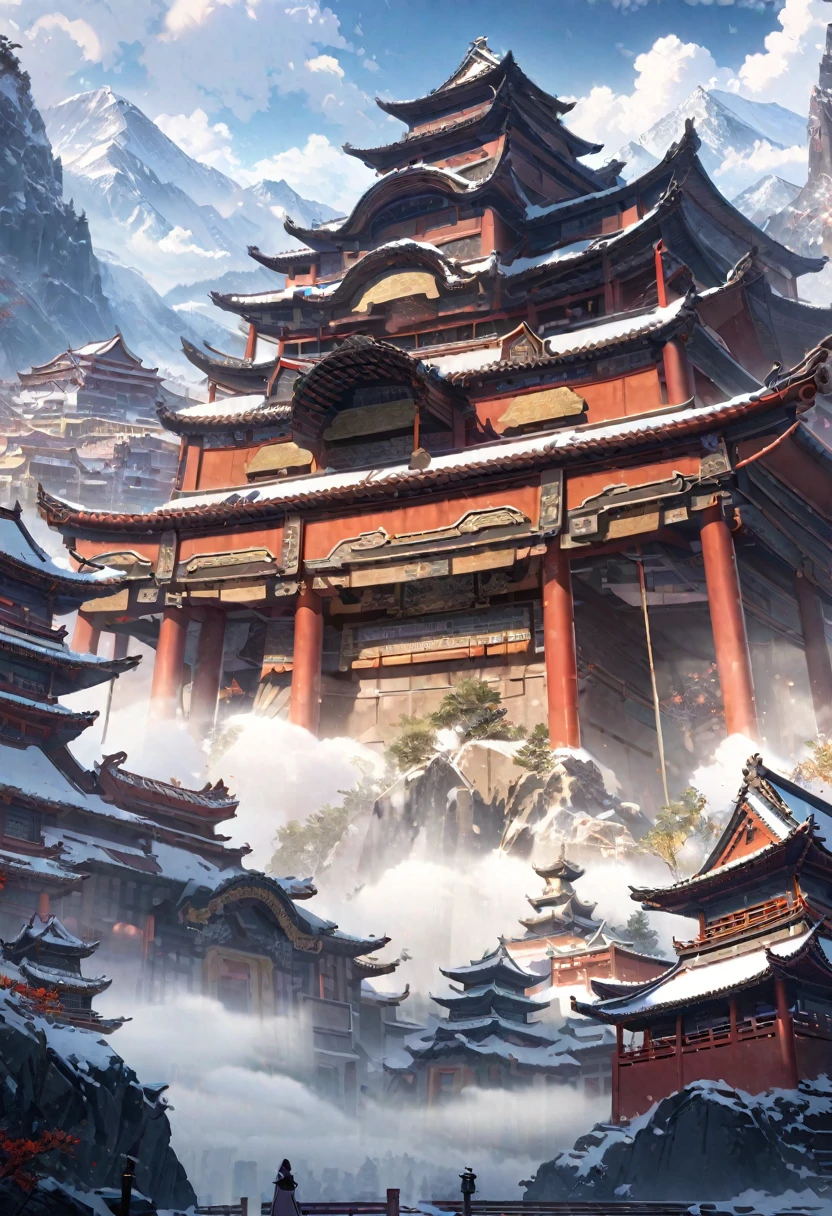  anime aestetics, anime landscape, view from the feet of the mountain, huge chinese sanctuary at the mountain, mountain covered in buildings, red walls. spiky roofs, ancient chinese architecture, transparent fog, big clouds, snowy mountaintops, mystic atmosphere, calm atmosphere, beautiful architecture, wide shot, atmospheric perspective, perspective, from below, 4K, 8k, best quality, award winning, super detail, masterpiece, UHD