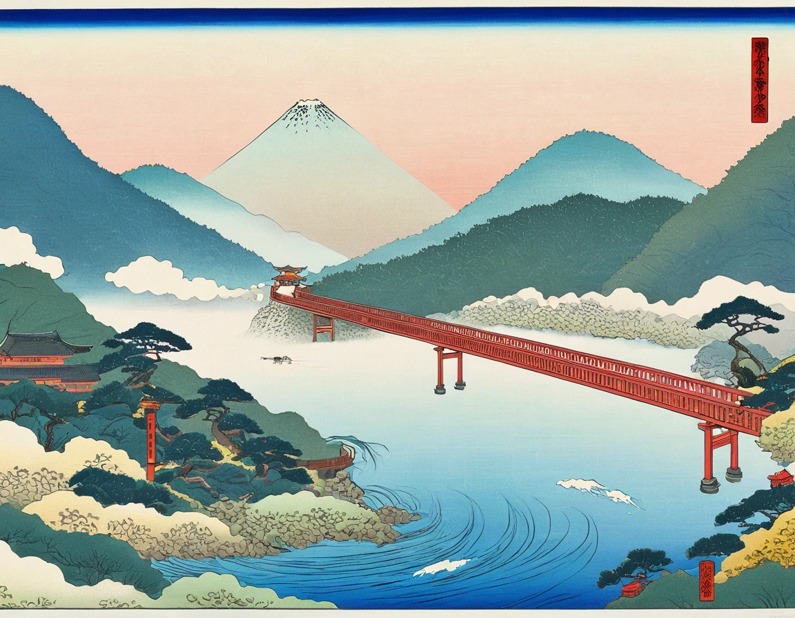 Ukiyo-e, Togetsukyo Bridge, fog, misty, colorful background, mysterious vibes