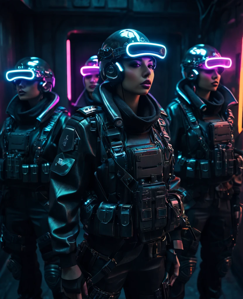 a highly detailed chrome berets, cyberpunk style army, futuristic soldiers, advanced military technology, metallic textures, glowing neon lights, moody atmosphere, dark and gritty, cinematic lighting, dramatic poses, photorealistic