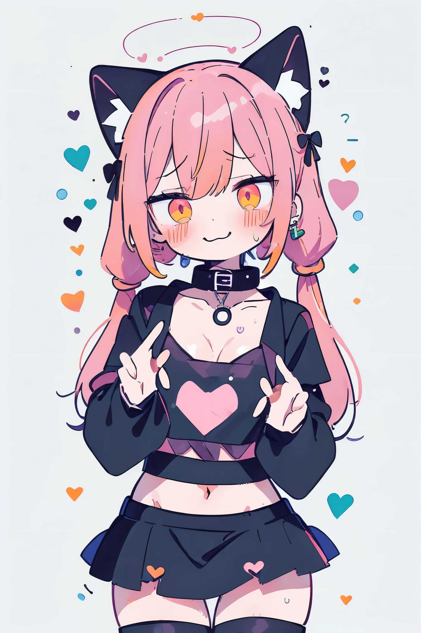 1girl, VelvetteHH, dark eyeshadow, white pupils, red sclera, pink hair, two-tone hair, twintails, long hair, skull earrings, colored skin, dark skin, fangs, bare shoulders, fingerless gloves, elbow gloves, g-string, solo, crop_top_sweater, standing, indoors, own_hands_together, bare_shoulders, breasts, strapless, full_body, mirror, looking_at_viewer, monster_girl, heart hands